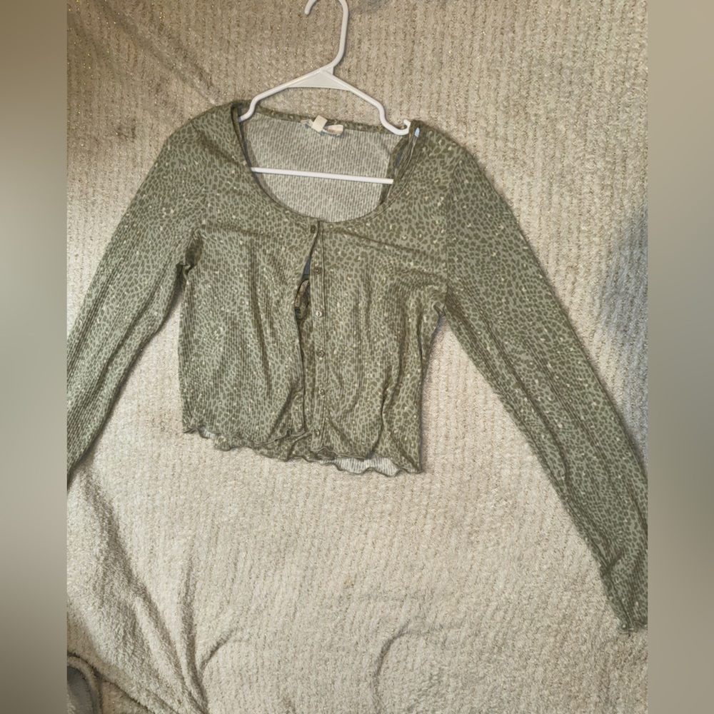 Pink Rose Green Long Sleeve Crop Blouse